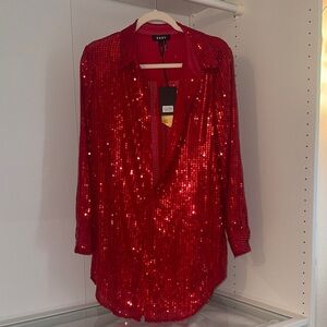 DKNY Women's Sparkling Red Sequin Button Down Shirt